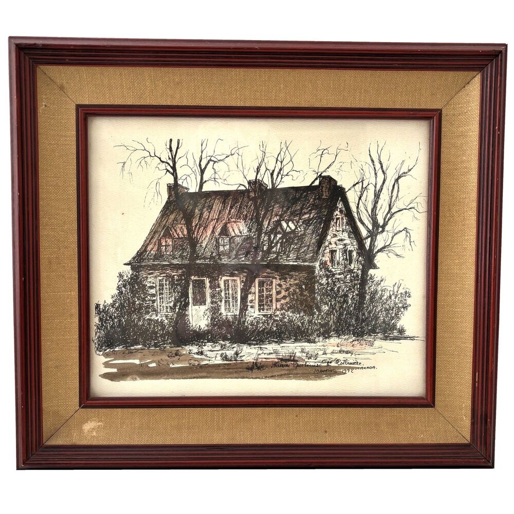 Vintage 70s Lithograph A J Mourius Signed Cabincore Rustic Lodge Framed Artwork